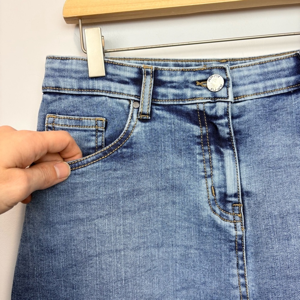 APNY • Fray Hem A-Line Denim Midi Pencil Skirt - Picture 7 of 15